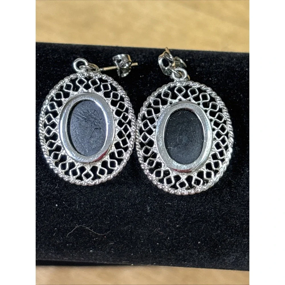 Vintage Silver Tone Faux Pearl Cameo Filigree Oval Dangle Post Earrings